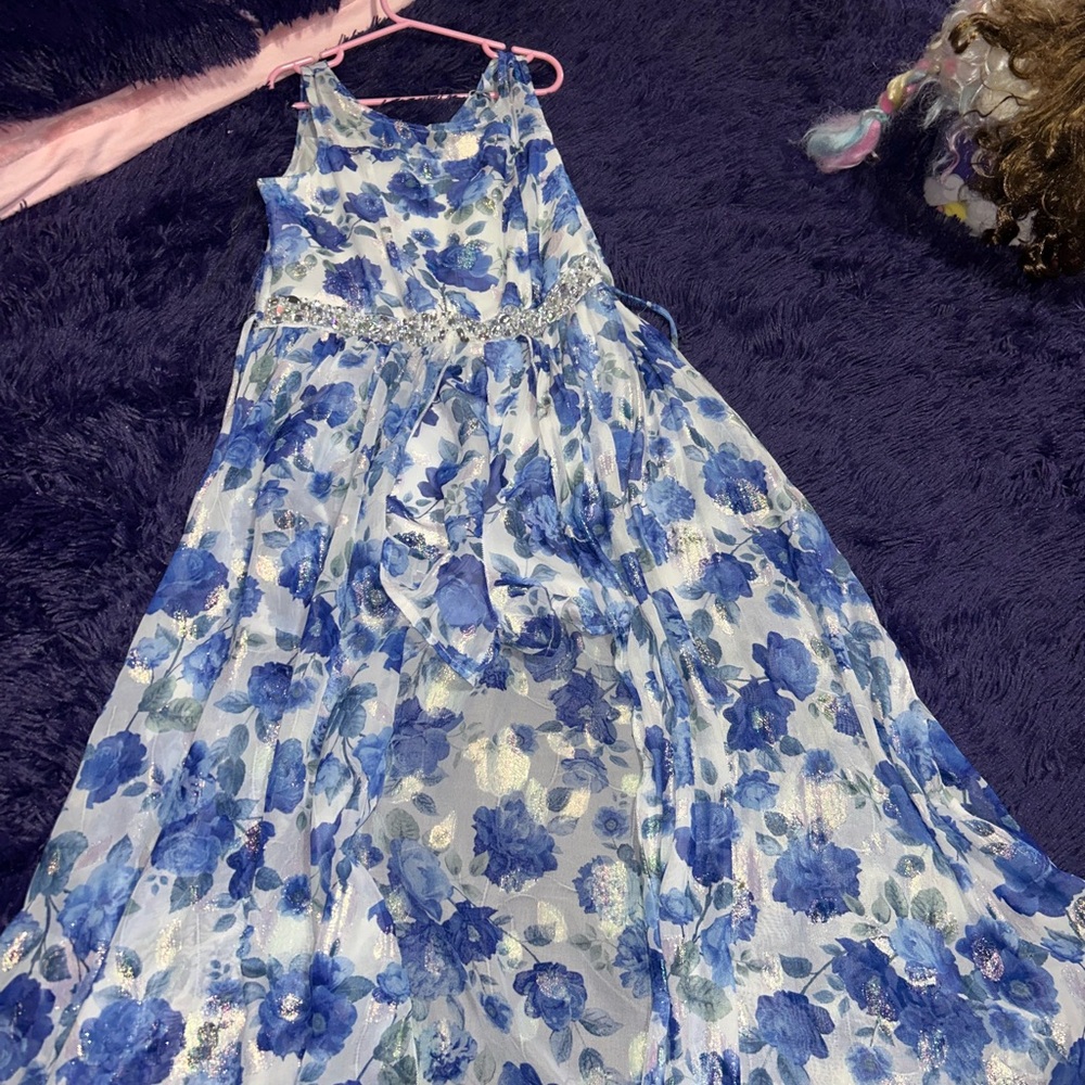 Floral Blue and White Dress with Silver Accents